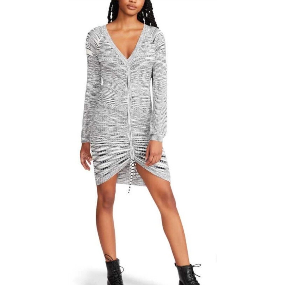 NWOT Steve Madden Black White Knit V-Neck Rouched Long Sleeve 2X Dress